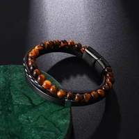 personalized name engraved men leather bracelet customized yellow tiger eye stone beads jewelry gifts for boyfriend grilfriend