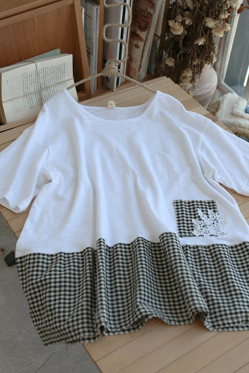 

Summer New O Neck Short Sleeve Plaid T shirt Top Women Casual Daily Wear