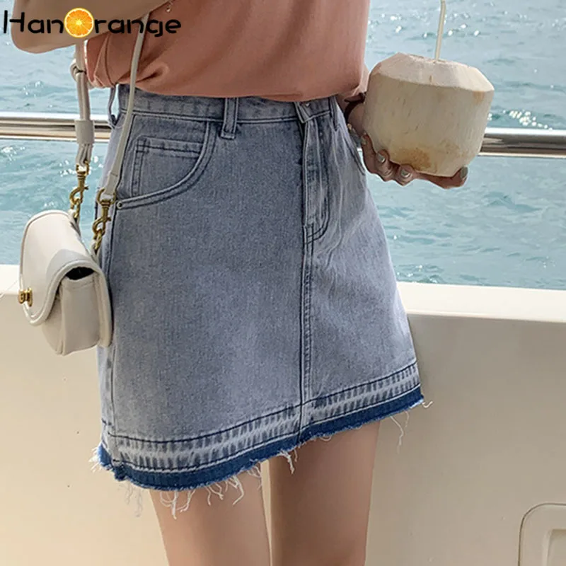 

Rough Edge Denim Skirt Women 2021 Summer High-waisted Short Height A-Line Skirt Light Blue Casual Pockets