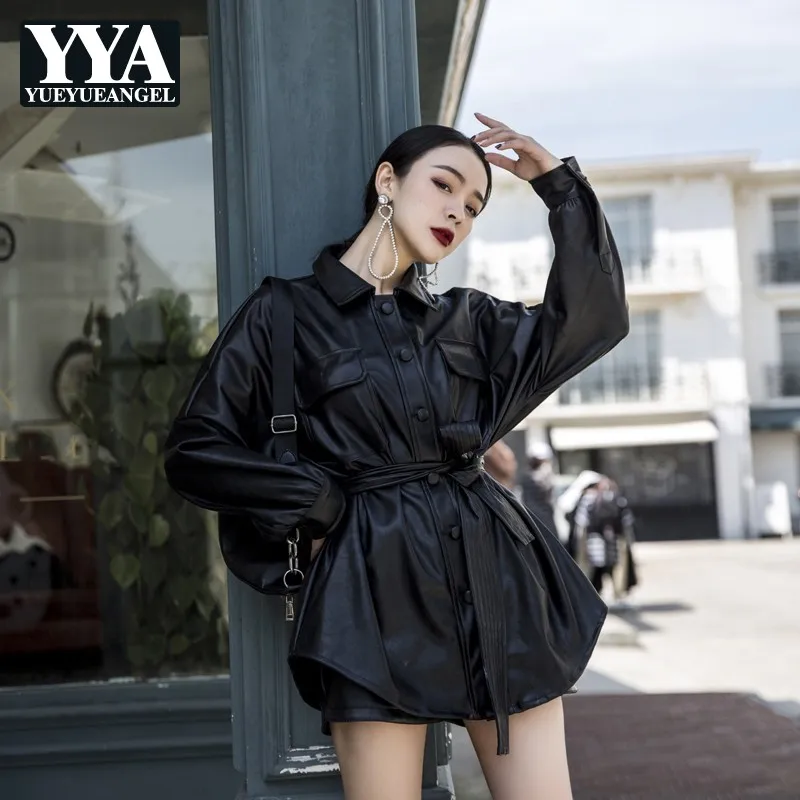 

High Waist Womens Long Black Biker Jacket Loose Sashes Pockets PU Leather Lace Waterproof Vintage Streetwear Leather Jacket