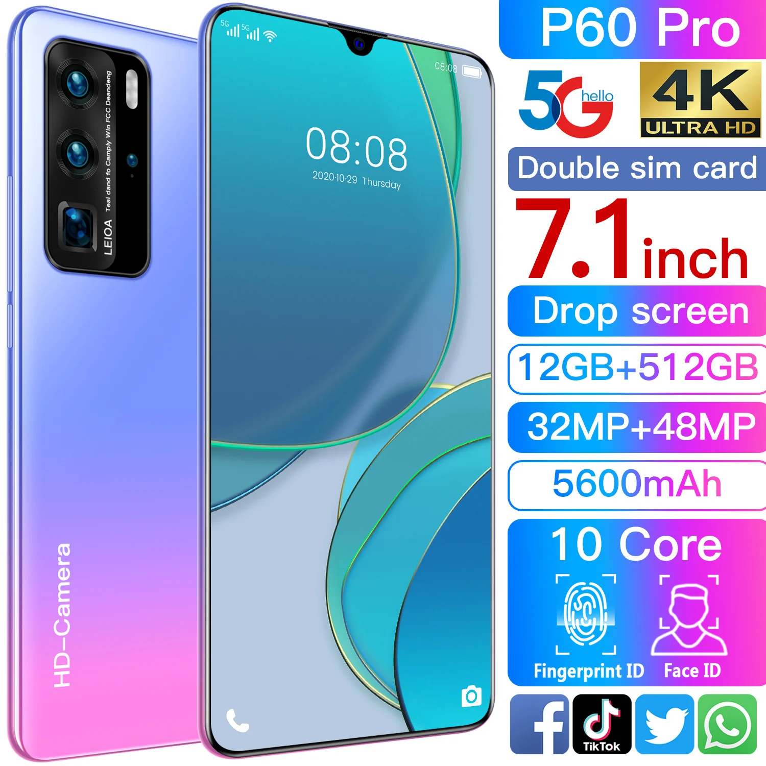 

New Arrival Global Version P60 Pro 7.1 Inch Full Screen 5600mAh Andriod Smart Phone 10 Core Face ID 5G Network Cell Phones Celul