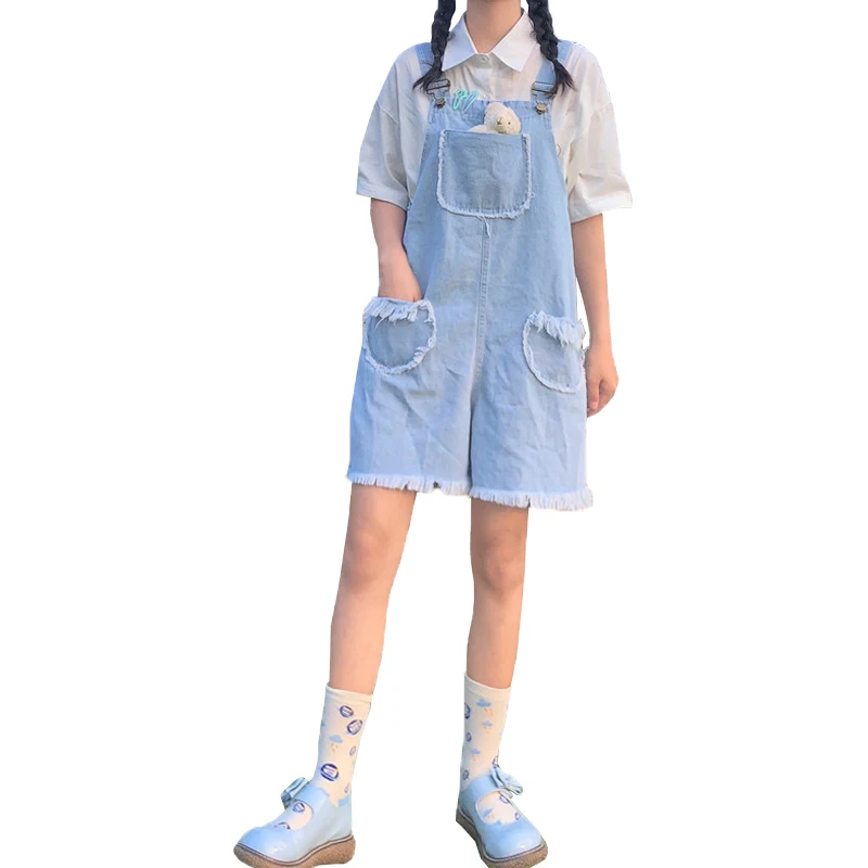 

Summer Fashion Teen Girls Demin Shorts Casual Japanese Lace Up Wide Leg Loose Overalls High Waist Suspenders Romper For Women
