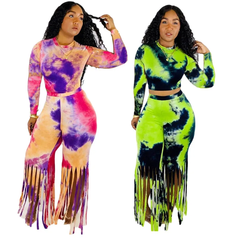 Комплект из двух предметов с принтом Galaxy Tie Dye Женский свитшот и брюки бахромой