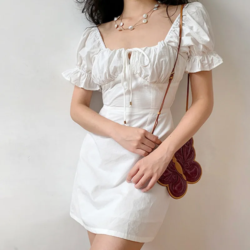 

Leiouna White Dress For Women Summer Casual Sexy Fairy Clothes Short Sleeve Strap Mini Dress Lace