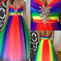 rainbow beaded prom dresses 2019 sweetheart crystal backless evening dress sweep train spring plus size formal party prom gowns