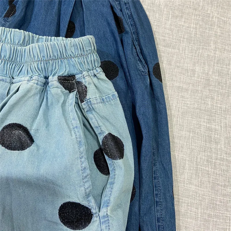 

Johnature New Wave Point Denim Harem Pants Women 2021 Spring Autumn Japanese Loose Elastic Waist Pockets Ankle-length Pants