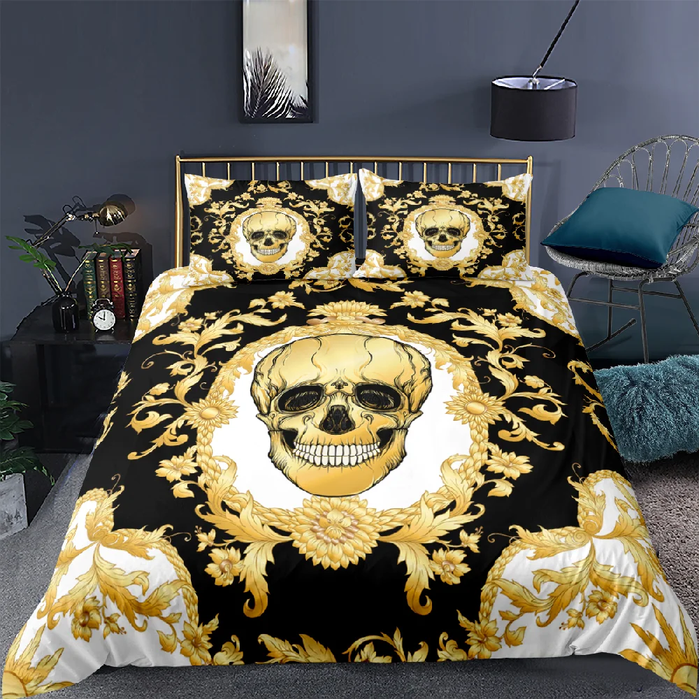 

3D Bedding Sets Baroque Duvet Cover Set Pillowcase Skull King Queen Full 265x230cm Home Textile 2/3pc Gold Black Duvet Covers
