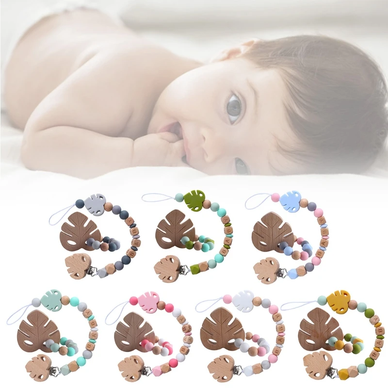 

2 Pcs Baby Leaves Pacifier Chain Teether Rattle Set Nipple Clip Holder Infant Silicone Wooden Teething Soother Molar Toy