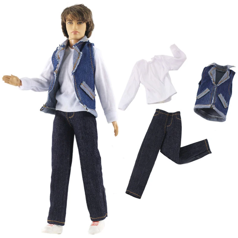 Fashion 1/6 Boy Doll Clothes For Ken White T-shirt Denim Vest Long Trousers Pants Barbie Boyfriend Prince Male | Игрушки и хобби