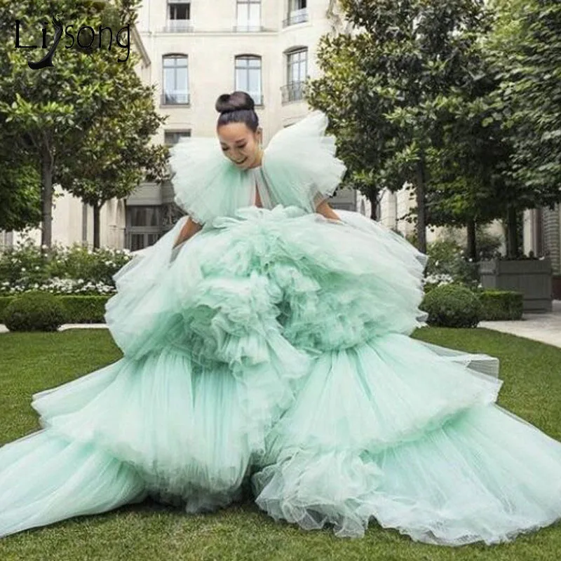 

Extra Puffy Mint Tulle Prom Dresses Ruffled Tiered Lush Long Evening Dress Party Night Gowns 2021 Amazing Ball Gown Prom Dress