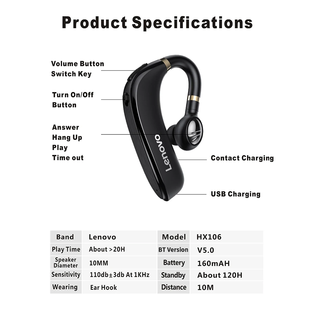 Беспроводные наушники Lenovo HX106 с ушным крючком вкладыши двойным шумоподавлением