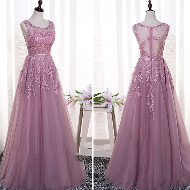 

Pink Bridesmaid Dresses Long Elegant Illusion O-Neck Lace Appliques Beading Sleeveless A-Line Formal Prom Party Vestido De Festa