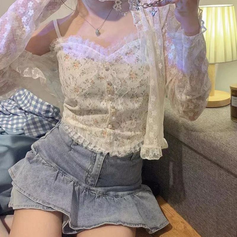 

Floral Crop Top Elastic Belt Spaghetti Strap Tank Tops Vintage Sleeveless Pearl Tank Top Short Camisole Strapless Tops