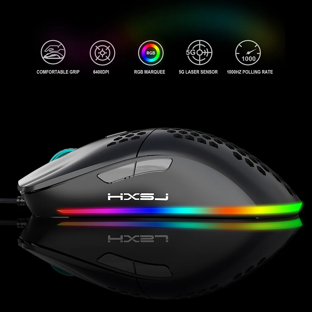 

HXSJ J900 USB Wired Gaming Mouse RGB Gamer Mouses with Six Adjustable DPI Honeycomb Hollow Ergonomic Design for Desktop Laptop