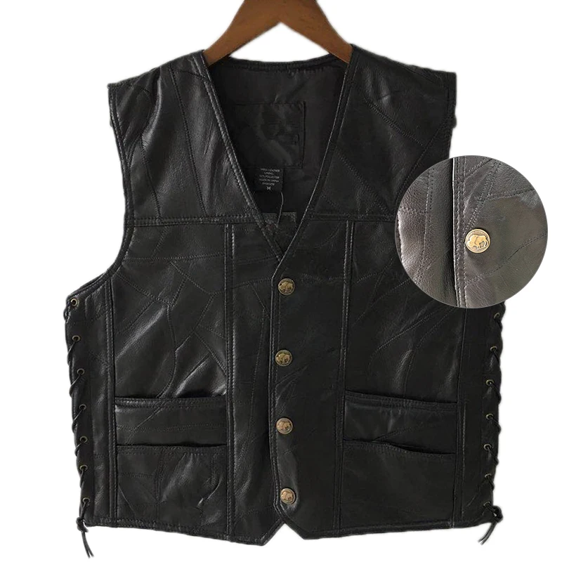 Black Leather Motorcycle Vest For Men Genuine Punk Biker Lace Button Autumn Sleeveless Jacket | Мужская одежда