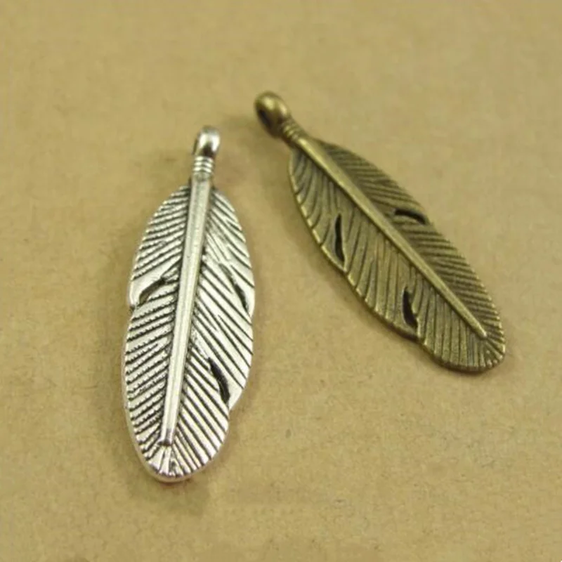 Винтажные металлические подвески в виде листьев и перьев, 30x9 мм, 20 шт./лот