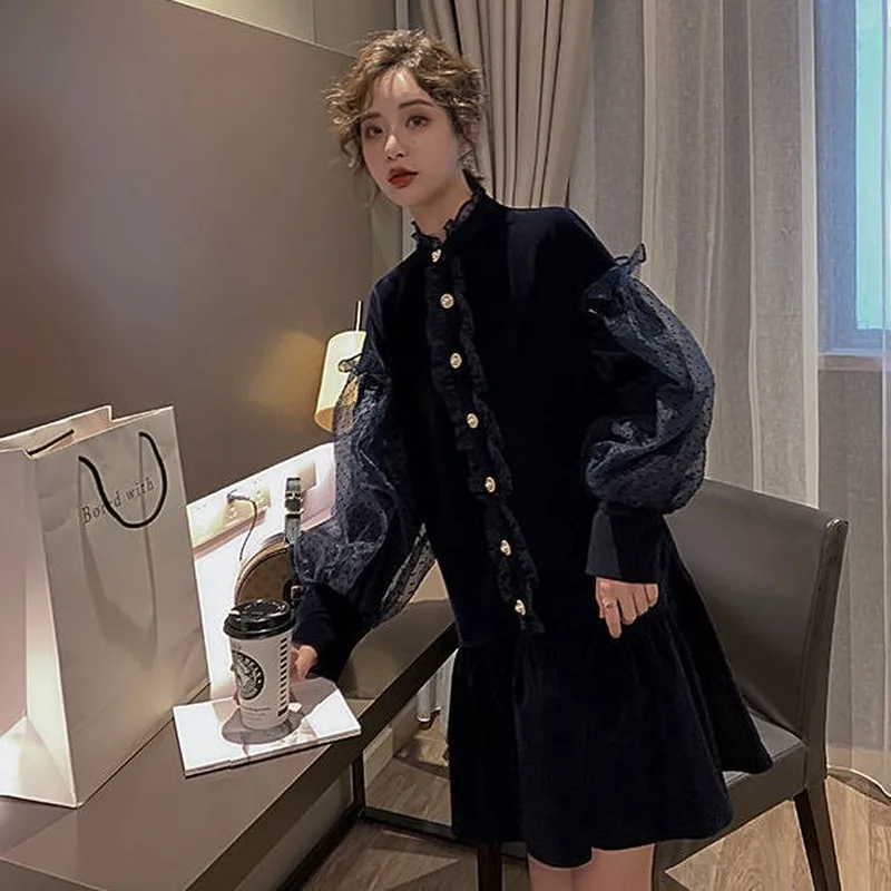 Винтажное бархатное платье блейзер женское корейское мини с пышными рукавами