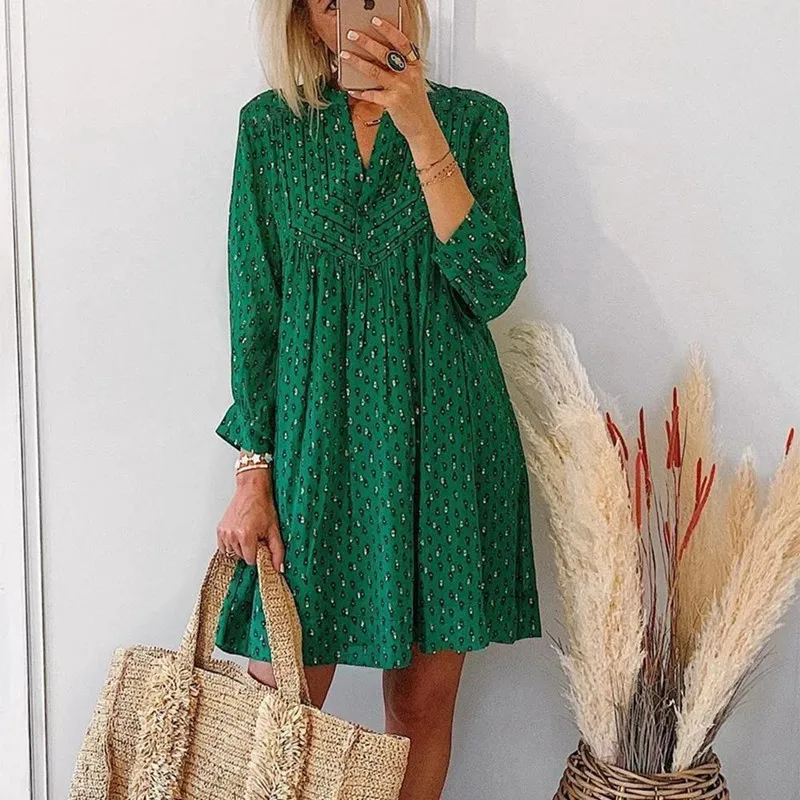

Bohemia Casual Dress Fashion Geometric Printed Loose Dress 2021 New Spring Summer Women V-Neck A-Line Mini Dress Lady Vestidos