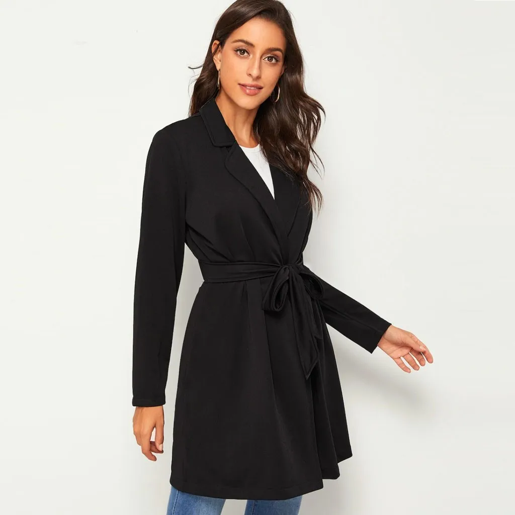 Trech Coat Women Elegant Black Cardigan Lace Up Outerwear For Autumn Long Sleeve Windbreaker Jacket | Женская одежда