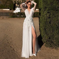 luxury a line wedding dresses flare sleeve deep v neck gowns 3d three dimensional lace applique sexy high split robe de mari%c3%a9e