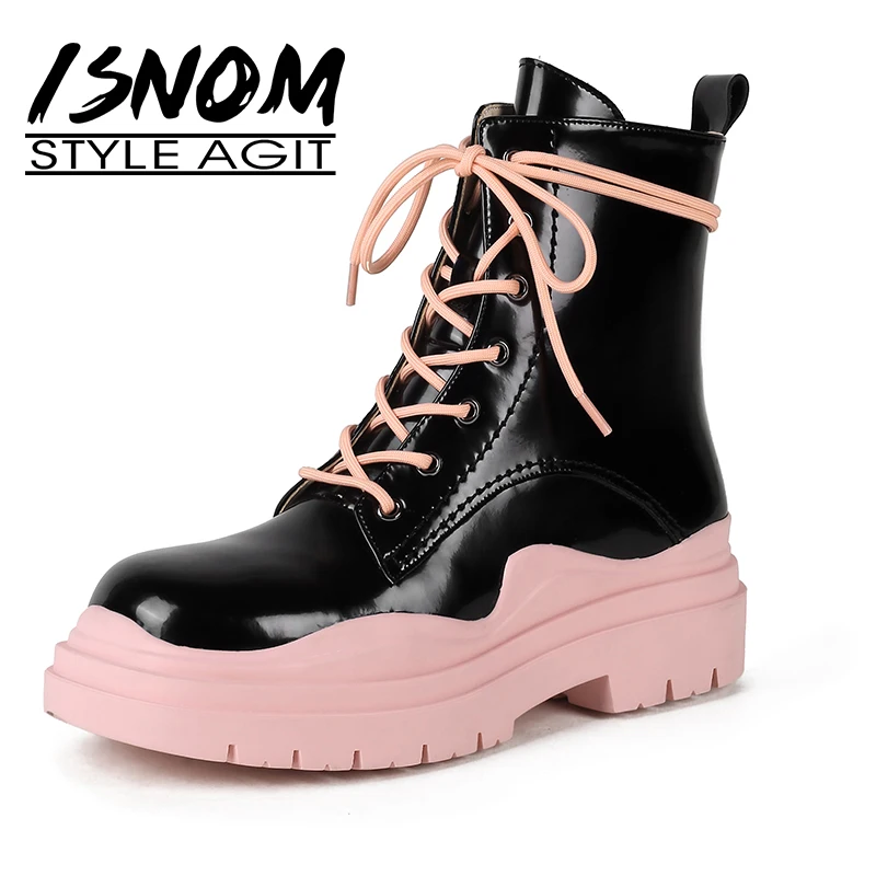 

ISNOM Winter Genuine Thick Flats Women Laced Ankle Boots Colorful Patent Leather Waterproof Platform Shoes XL072