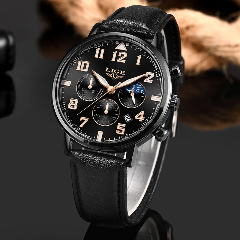 Часы наручные LIGE Мужские кварцевые брендовые Роскошные спортивные