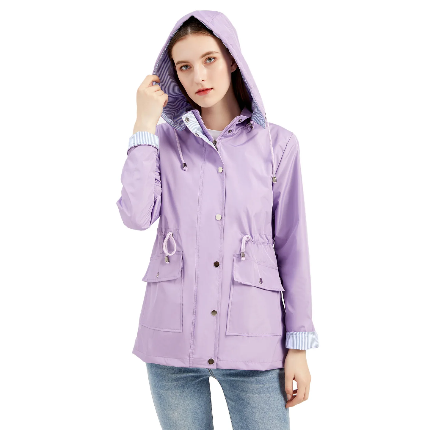 

2021 New Spring Autumn Women Trench Coat Striped Liner Detachable Hooded Drawstring Loose Female Windbreaker S-3XL