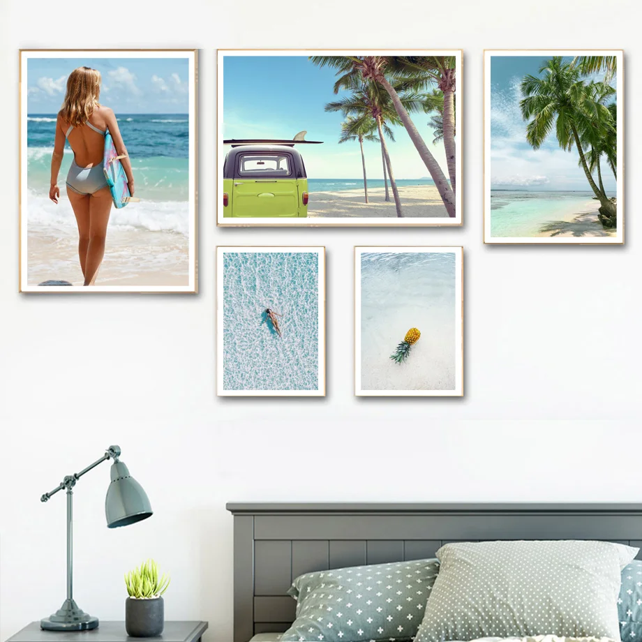 Пляжная картина для серфинга кокосовое дерево морской автомобиль пейзаж