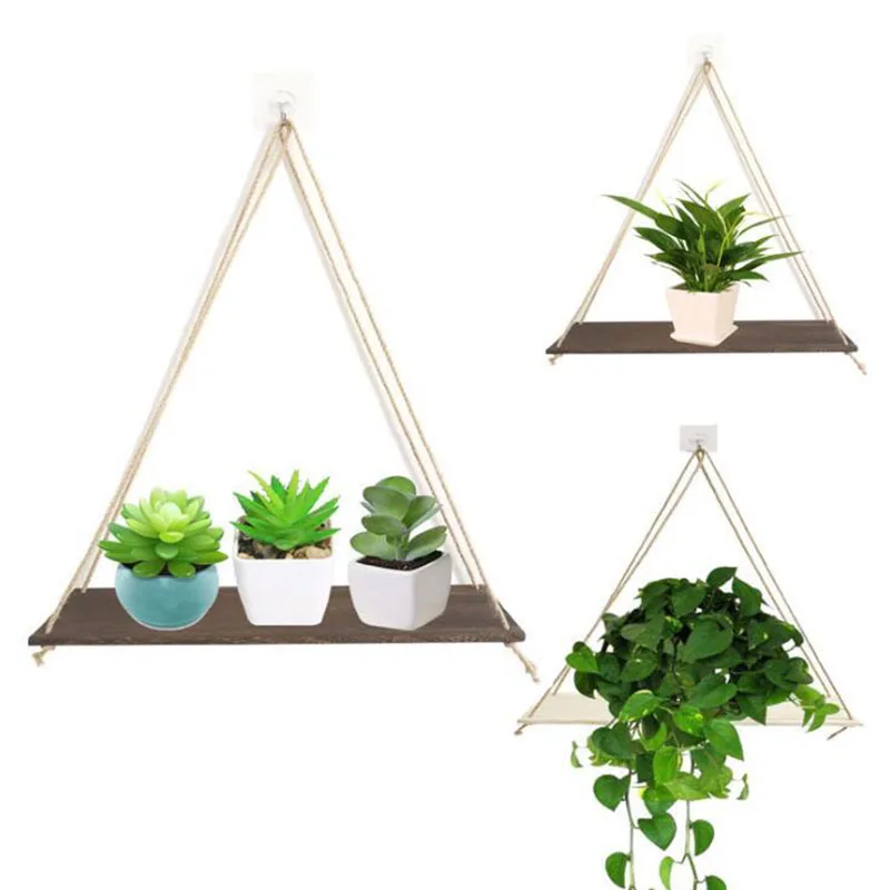 

42cm Decorative Hemp Rope Hanging Flower Stand, Wooden Flowerpot Storage Rack, Home Wall Hanging Plank, Wedding Scene Ornaments