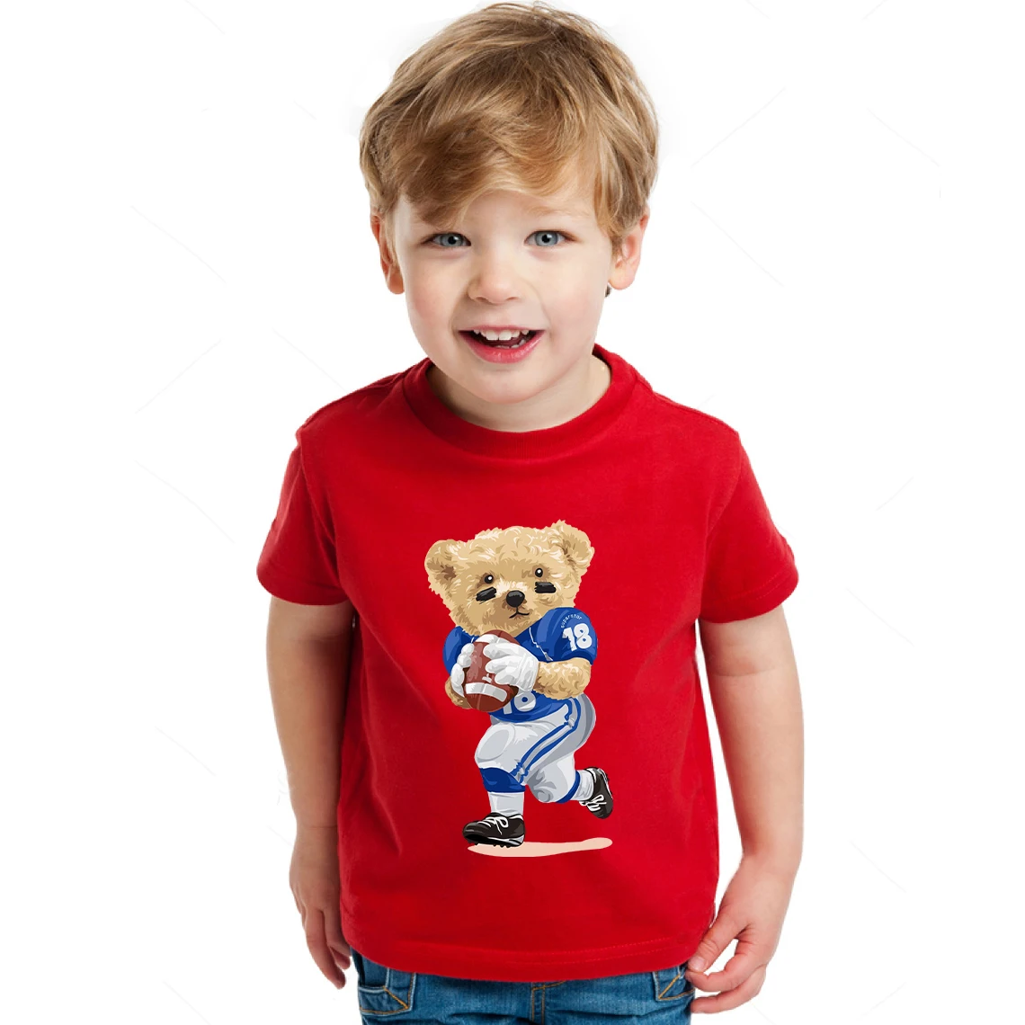 

Boys Girls Cartoon T-shirts Kids Rugby Teddy Bear Print Children Summer Short Sleeve T-shirt Cotton Tops Korean Casual Clothes
