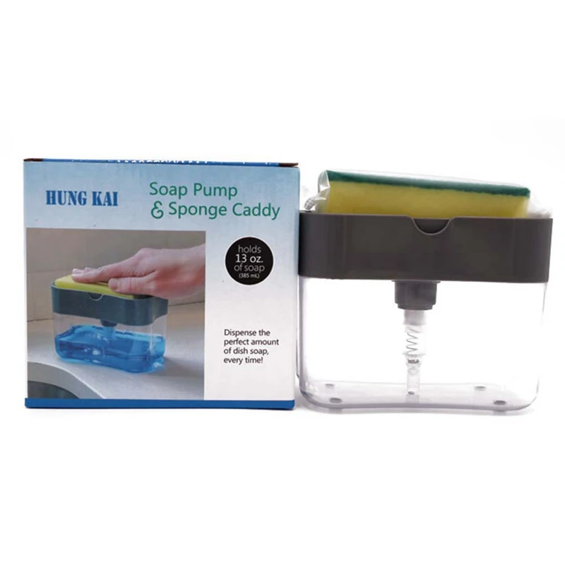 

Soap Pump Dispenser with Sponge Holder Cleaning Liquid Dispenser Container Manual Press Soap Organizer Kitchen Cleaner Tool