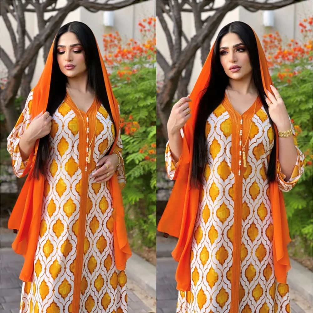 Женское платье с длинным рукавом, в арабском стиле, летнее, для Рамадана, оранжевое, мусульманское