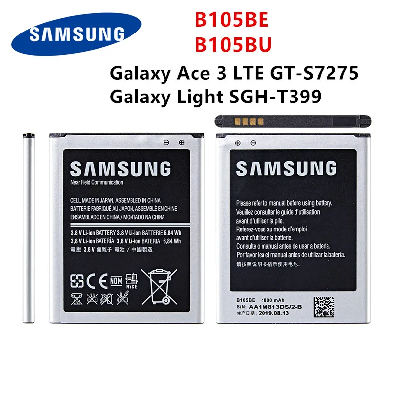 Оригинальный аккумулятор SAMSUNG B105BE B105BU 1800 мАч для Samsung Galaxy Ace 3 LTE GT-S7275 S7275B S7275T S7275R Galaxy Light T399