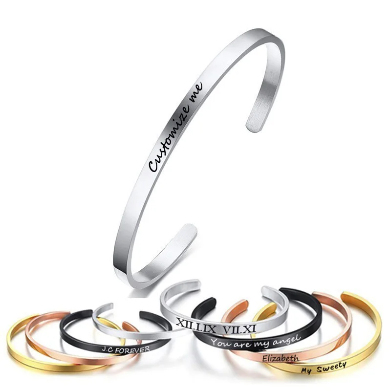 

Free Personalised Gifts ID Bangles For Lovers' Engrave Name Stainless Steel Cuff Bracelets & Bangles Women Mens Jewels
