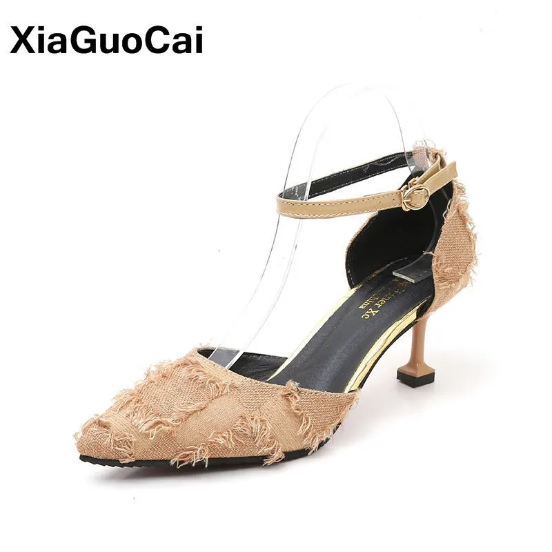

2019 Women Pumps High Heels Shoes Furry Pointed Toe D'Orsay Two Piece Woman Sandals Spring Autumn Shallow Female Footwear
