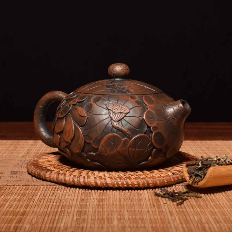 

China Jianshui (Not Yixing) Purple Clay Black Ceramic Handmade Full Carving Teapot Kettle Porcelain Kung Fu Tea Set Drinkware