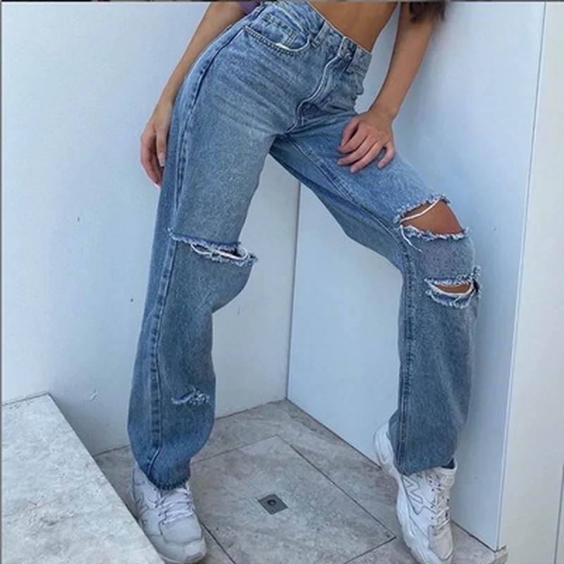 

WeiYao 2021 New Y2K Aesthetics High Waist Ripped Jeans Vintage Hole Wide Leg Baggy Pants 90s Fashion Denim E-girl Blue Trousers