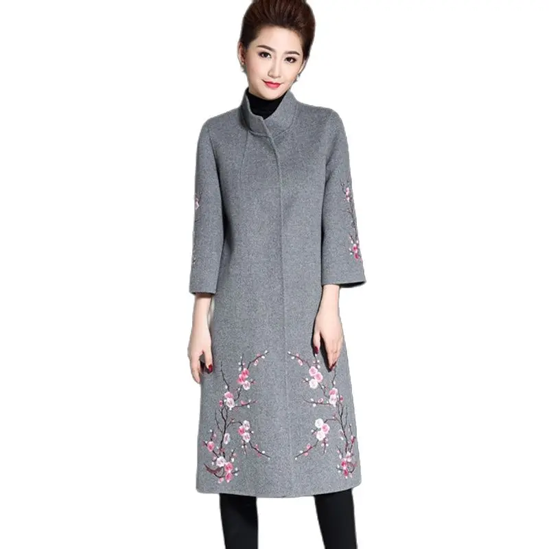 Chinese Embroidery Slimming Coat Women's Beautiful National Traditional Long Jacquard Flowers Stand Collar Woolen Coat Gray Red