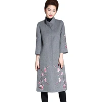 chinese embroidery slimming coat womens beautiful national traditional long jacquard flowers stand collar woolen coat gray red