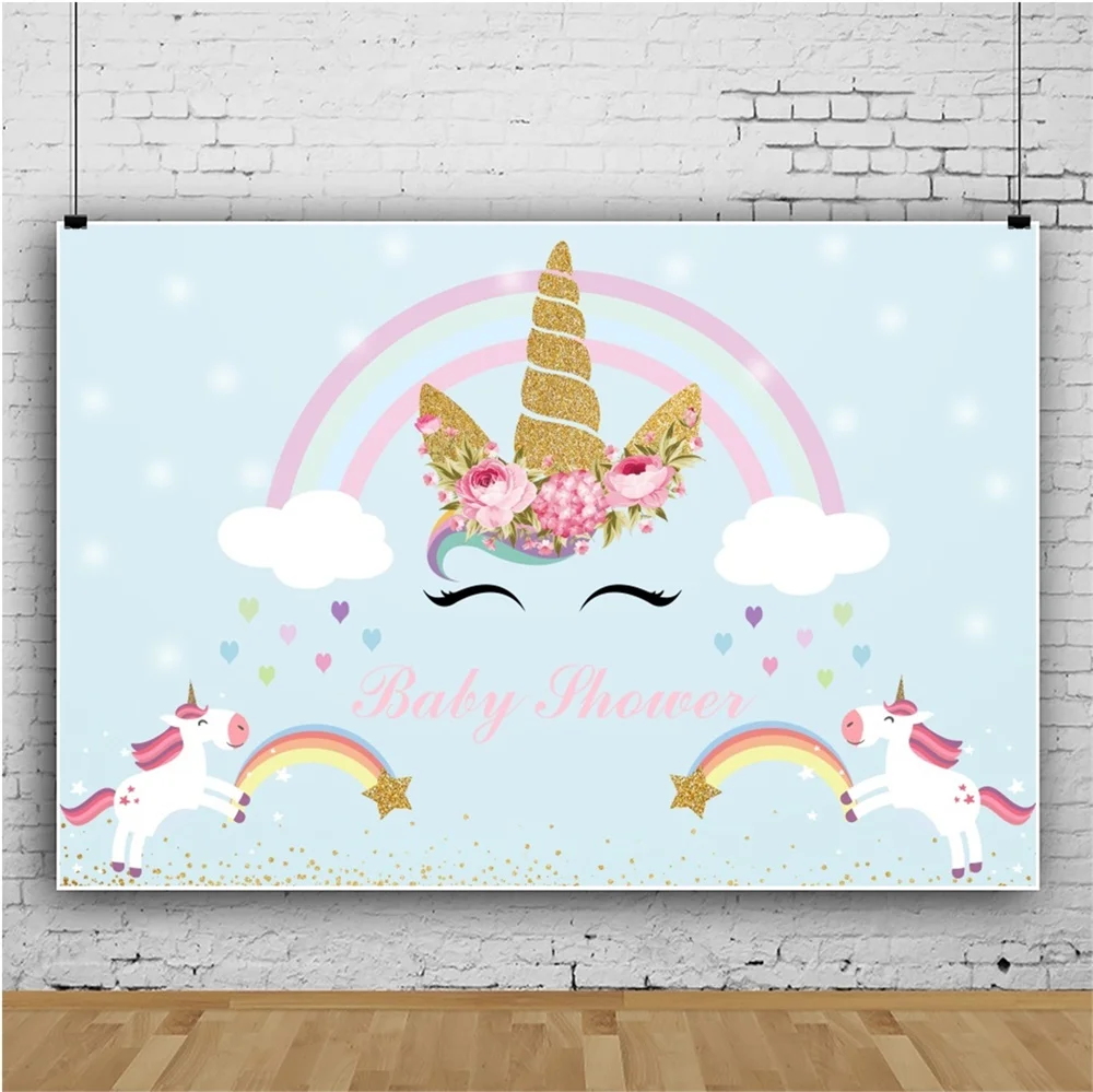 

Laeacco Unicorn Baby Shower Party Rainbow Newborn Photography Backdrops Personalized Photographic Backgrounds For Photo Studio