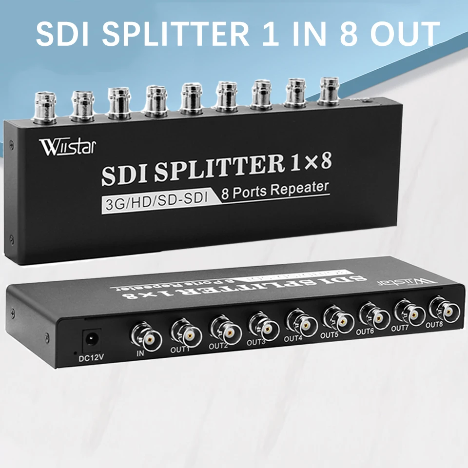 Wiistar SDI Splitter 1x8 1 in 8 Out Supports SD/HD/3G-SDI Repeater Extender with Power Adapter SDI Video Splitter for Monitor