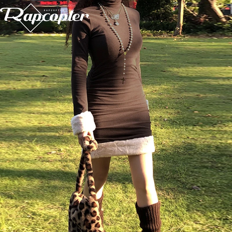 

Мини-платье Rapcopter Y2K с мехом, обтягивающее кавайное облегающее платье в стиле ретро, гранж, сказочное рождественское платье, женское осеннее ...