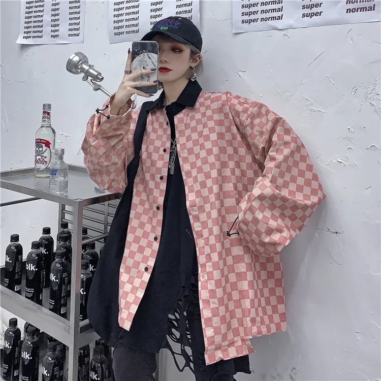 

Spring and summer new Korean of Harajuku plaid cuff drawstring loose sunscreen shirt