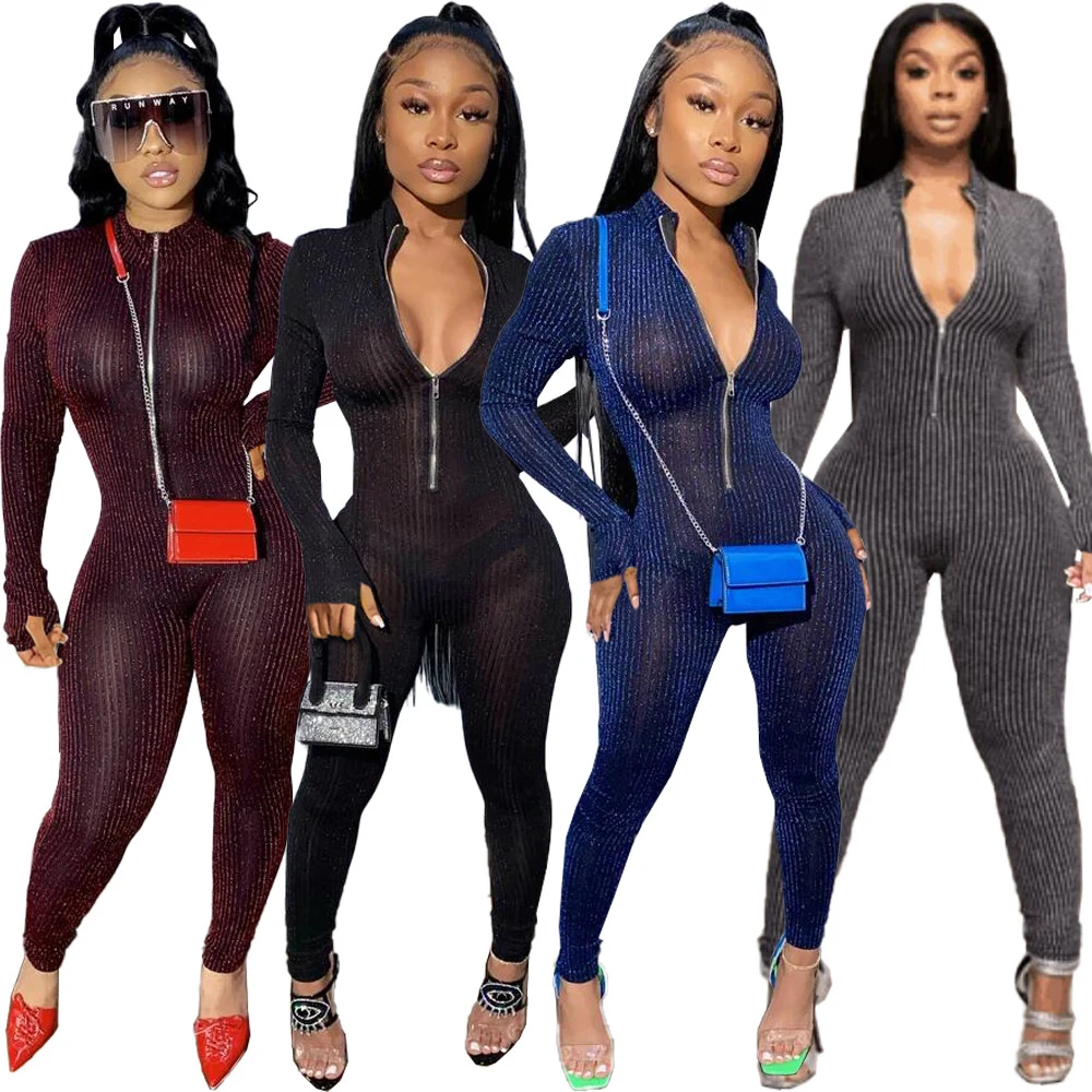 

Bodycon Rompers Women Jumpsuit Sexy Ribbed Transparent Long Sleeve Black Bodysuits Woman Fashion Front Zipper Night Club Outfits