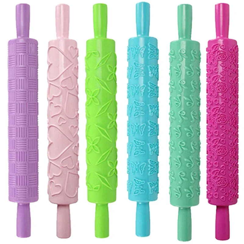 

6 Pack Decorating Embossed Rolling Pin With Rose Flower Hearts Patterns For Baking Cookies Fondant