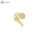 Подвески в форме сердца и ключа, из латуни и циркона, золотого цвета, 24 К, 4 шт.