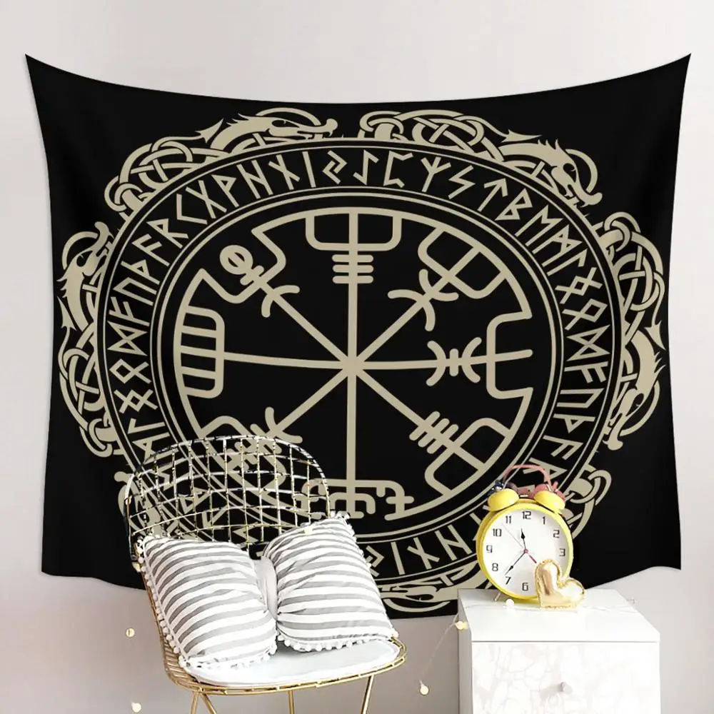 Гобелен Мандала домашний декор черный викинговый магический Рунический компас