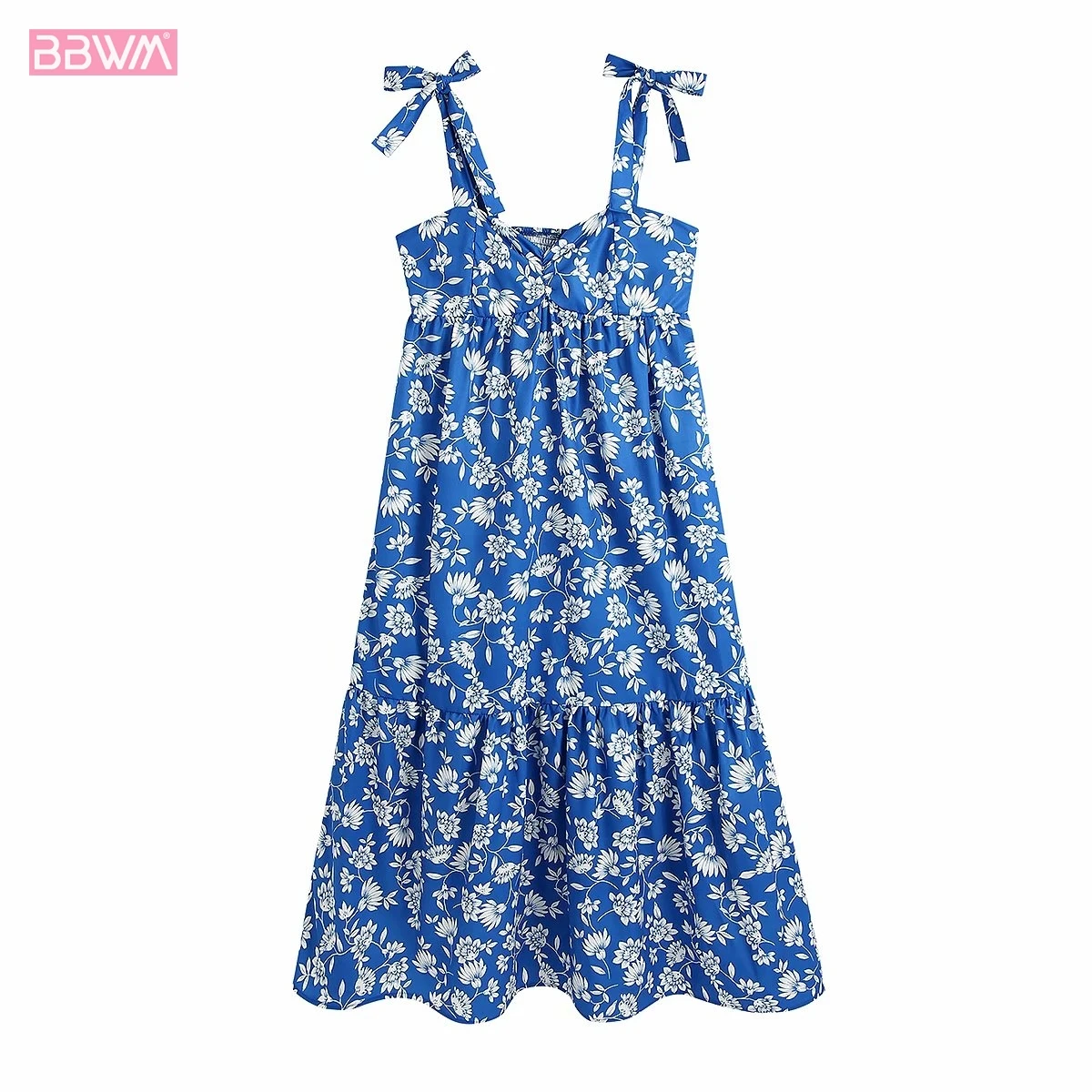 

Sexy One-word Neck Sling and Bowknot Women Blue Print Dress Vintage Refreshing Loose Stitching Chic Women Mini Dresses