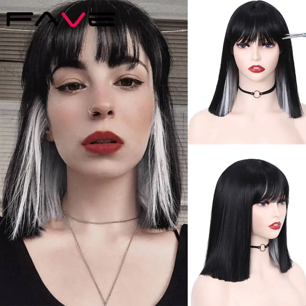 

FAVE Black and White Wig with Bangs Synthetic Cosplay Wigs Costume For Black White Women Girls Split Wig Halloween Party