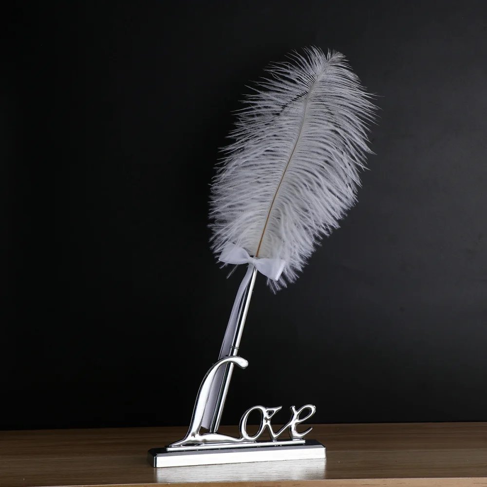 

White Feather Signing Pen with Metal Love Holder Wedding Pen Set (Silver)
